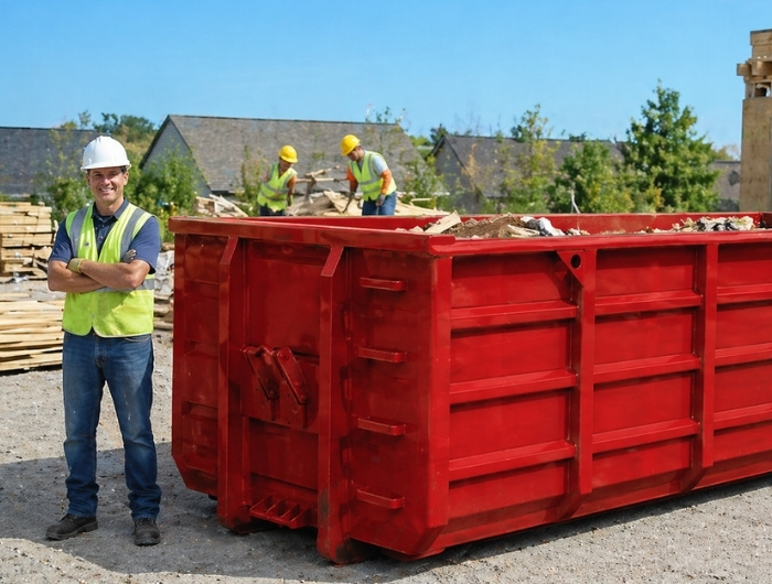 project manager with red dumpster beside him