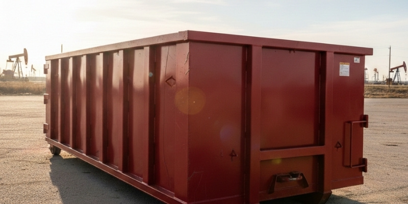 red dumpster in the oil field