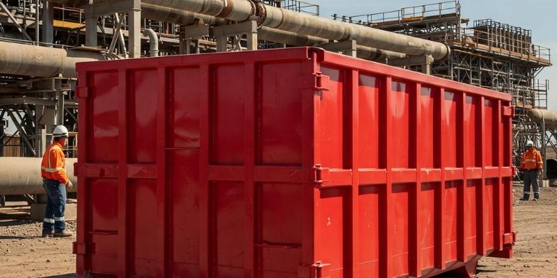 red dumpster near oil pipeline