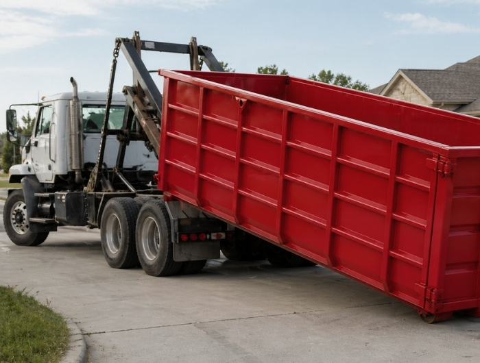 unloading a red dumpster