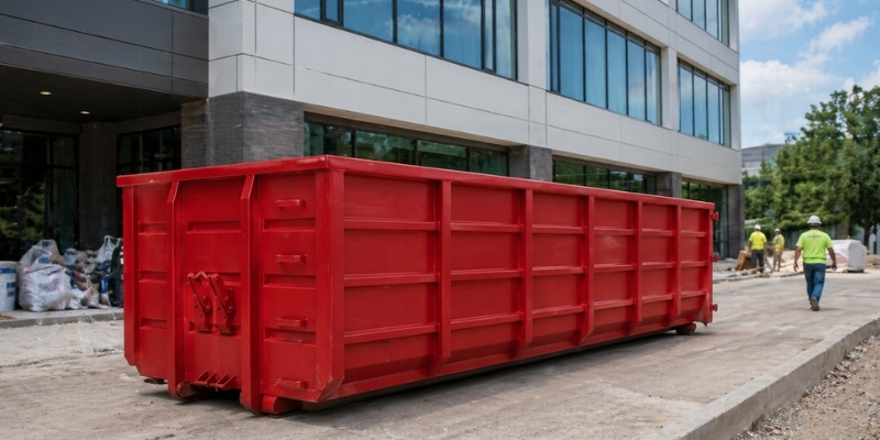large roll off container in front of a building